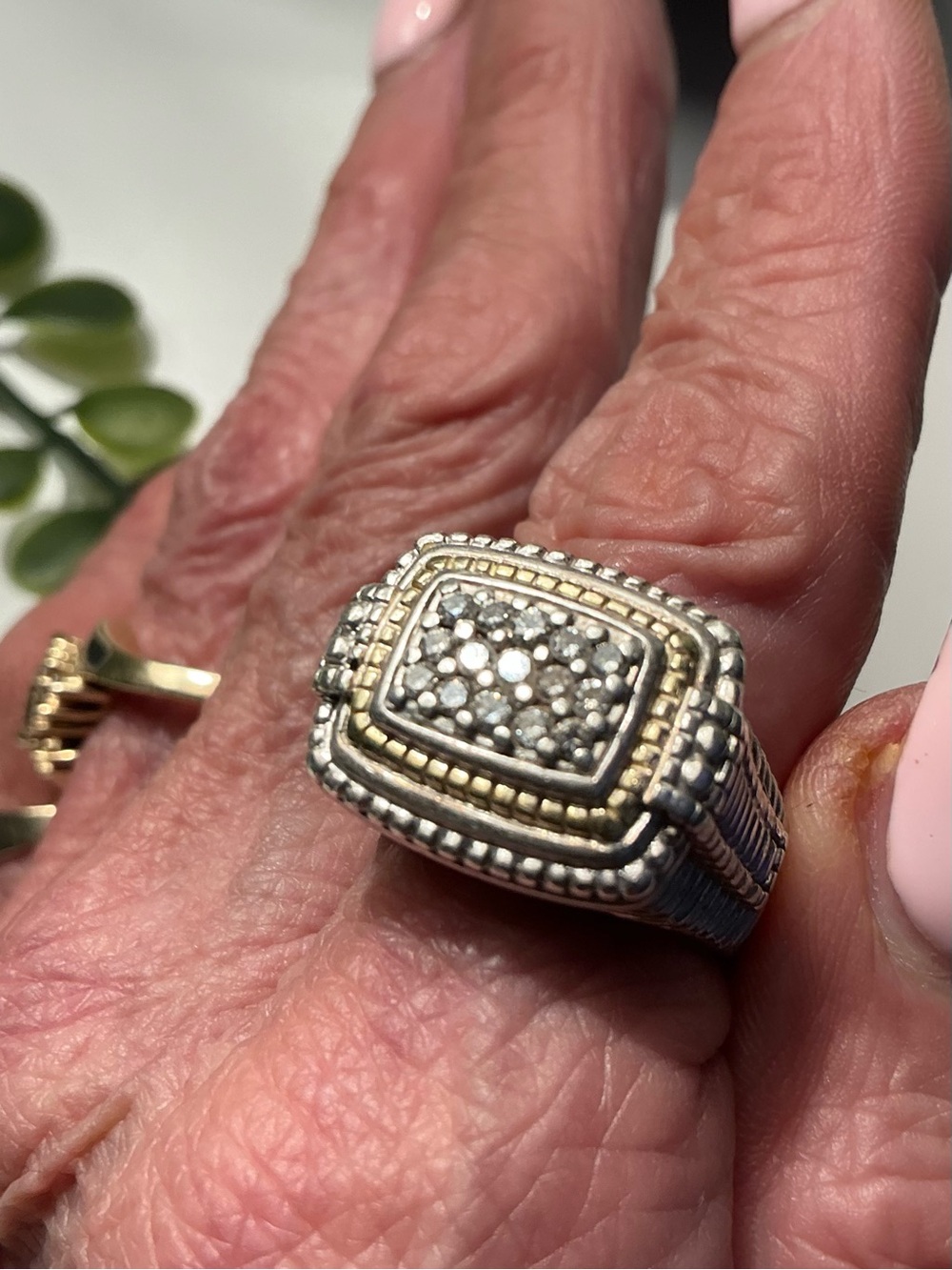 JUDITH RIPKA S/S and 18K GOLD DIAMOND CLUSTER SIGNET RING. SIZE 8